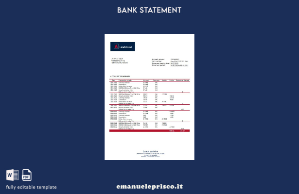 modello word di estratto conto bancario Landsbankinn islandese in stile verifica